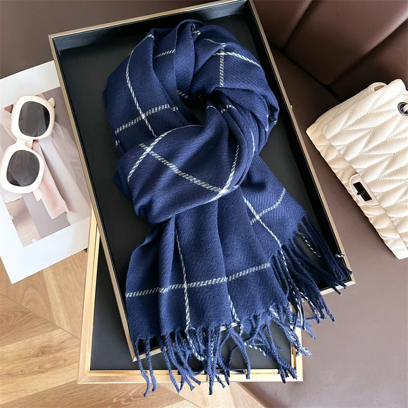 Korean Styles Imitation Cashmere Plaid Warm Shawl Autumn and Winter Fashion Versatile Tassel Scarf Pashmina Wrap Neckerchief