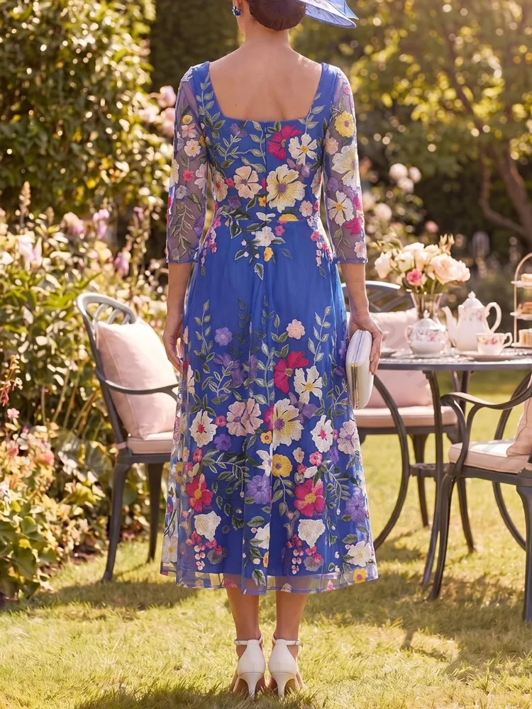 Customized A-Line Square Collar Floral Mother of The Bride Dresses Elegant 3/4 Sleeves Formal Dress High Quality Prom Party Gown