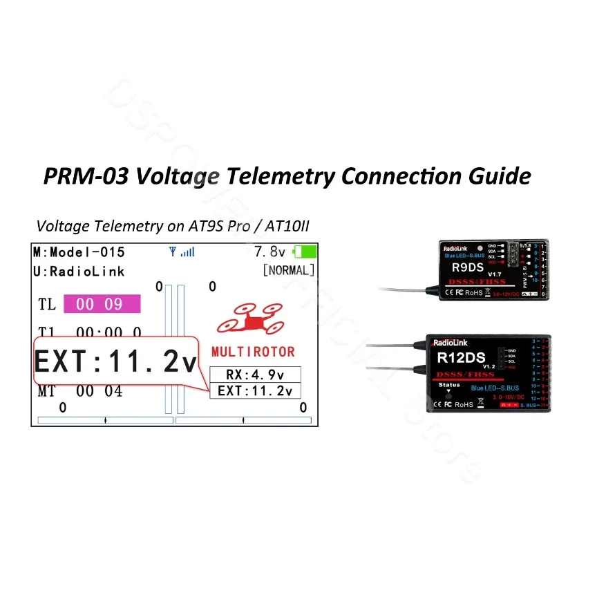 ใหม่ล่าสุด Radiolink PRM-03 OSD Telemetry Sensor สุทธิเที่ยวบินข้อมูลโมดูลสําหรับ AT9 AT9S AT9S Pro AT10 AT10II เครื่องส่งสัญญาณ