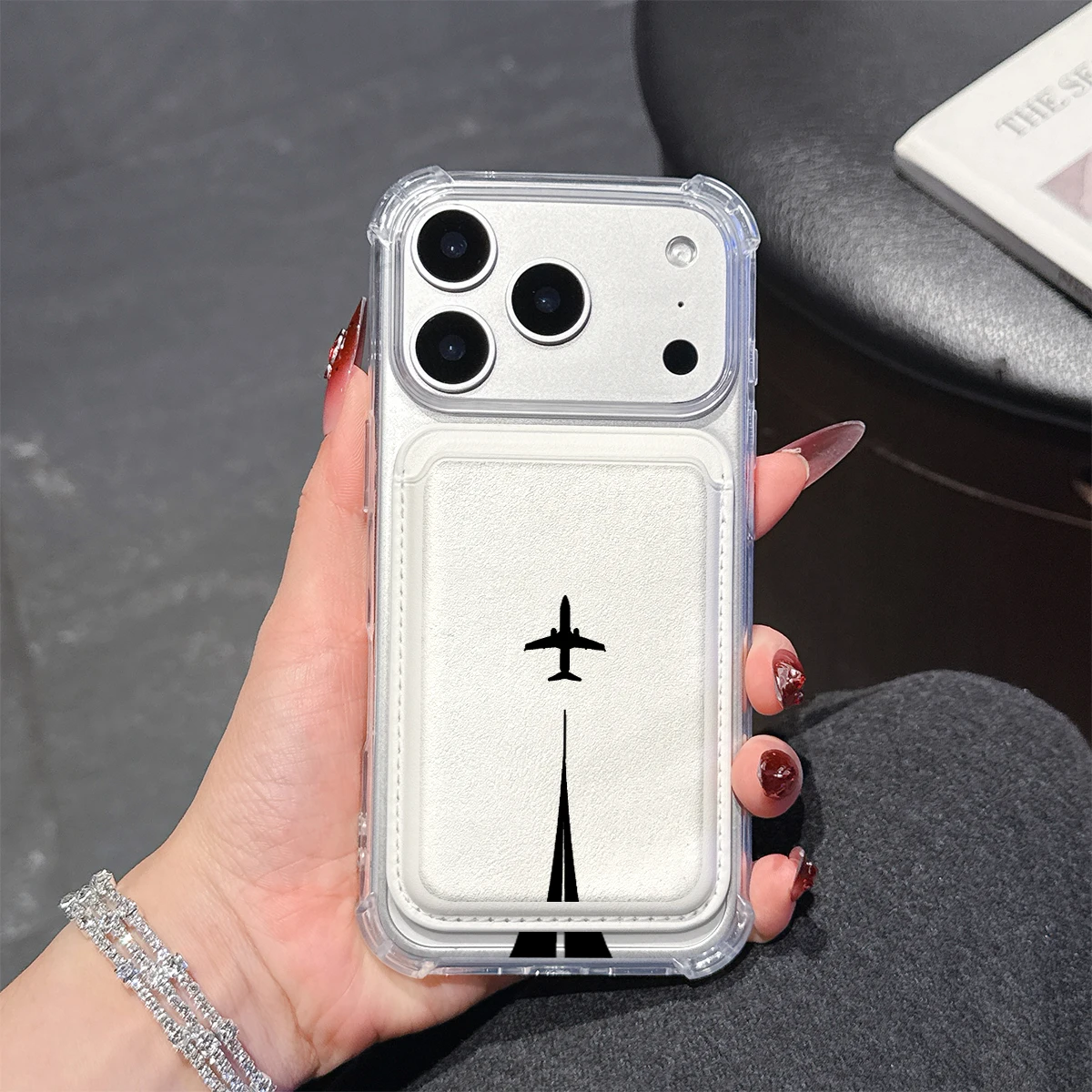 Flugzeug-Silhouette Handyhülle für iPhone 17 16 15 14 13 Pro Max Plus mit Brieftaschenfach, transparent, weiches TPU für magnetische Handyhüllen