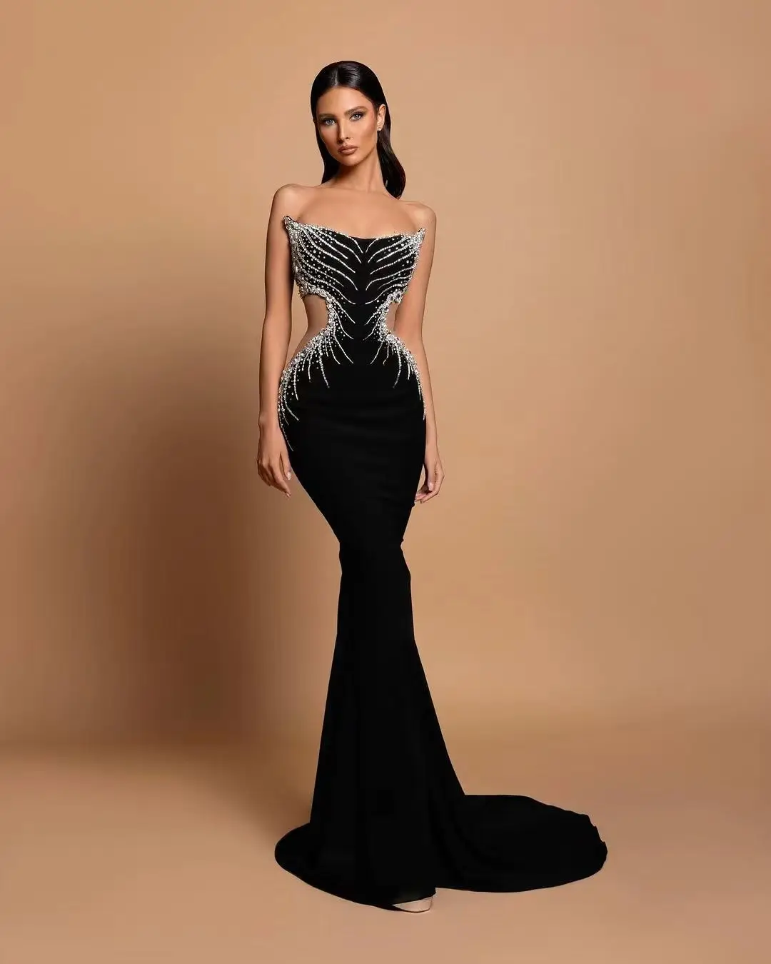 Luxury Sexy Black Evening Dresses Mermaid Glitter Crystals Beading Diamonds Formal Party Prom Gowns Wedding Party Gown