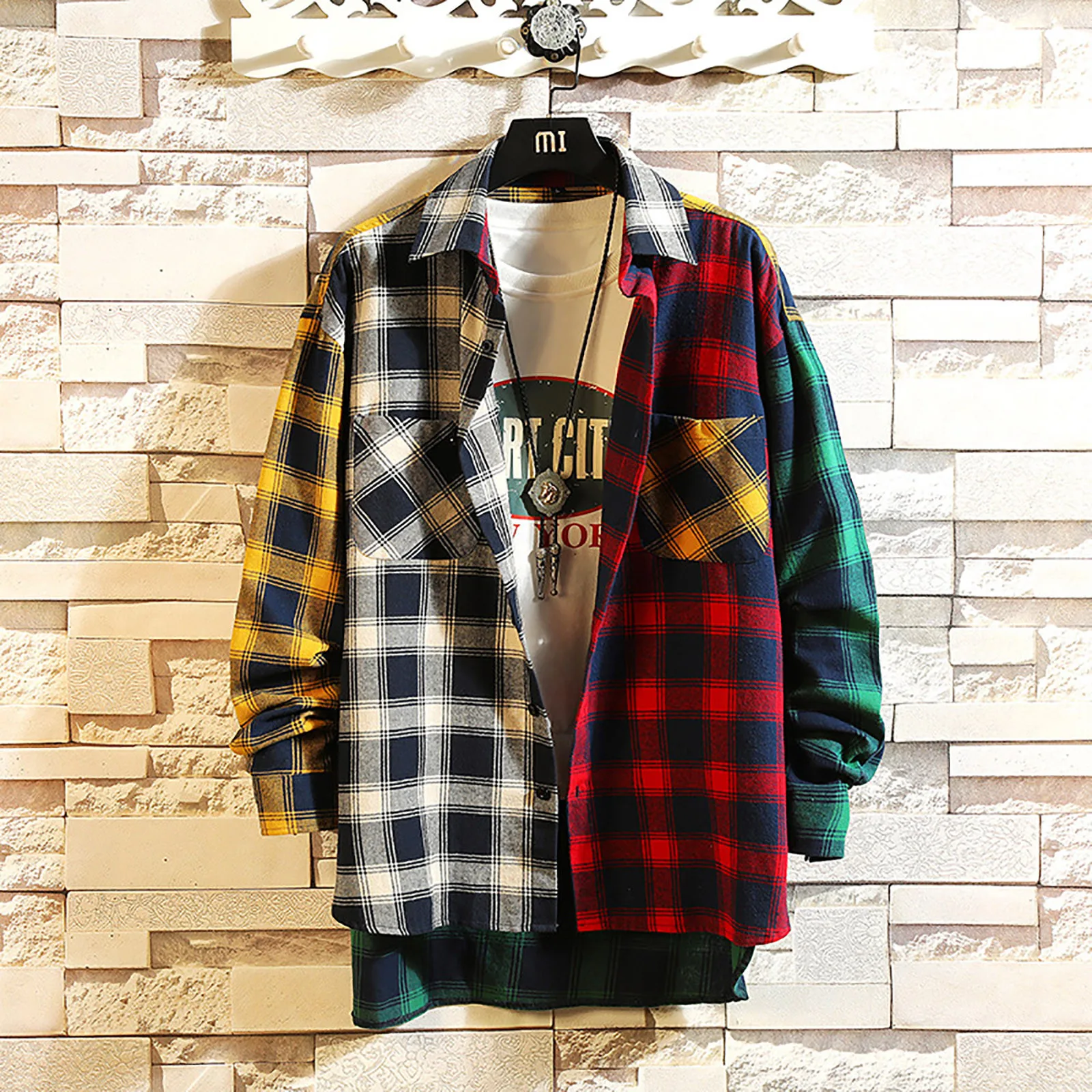 Men Streetwear Thick Shirts Men Clothing Harajuku Color Block Flannel Plaid Shirt Long Sleeve Male Vintage Fashions Korean Coats