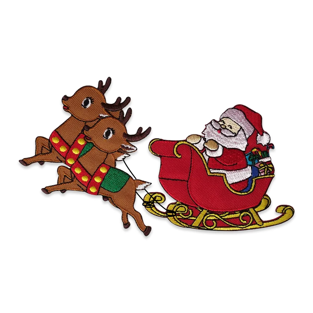 Cute Deers Santa Claus in the Red Car Patches Embroidered Iron on Appliques for Clothes Sweashirts Jackets Bags Best Gifts DIY