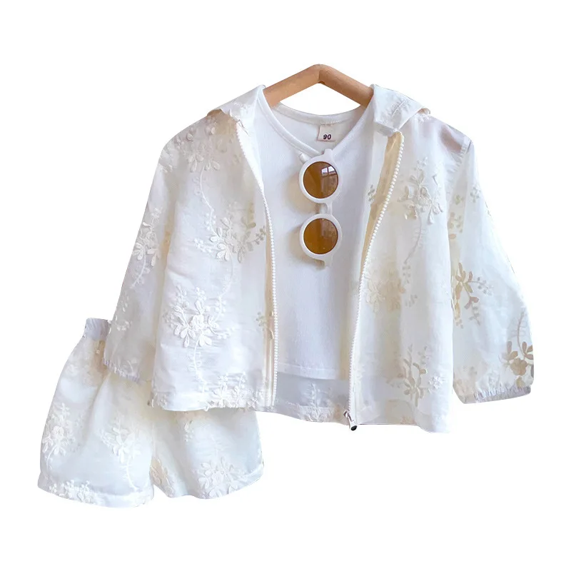 Lace Embroidered Hooded Thin Sun-Proof Coat Girls\' Summer New Loose Casual Three-Piece Suit Tx682