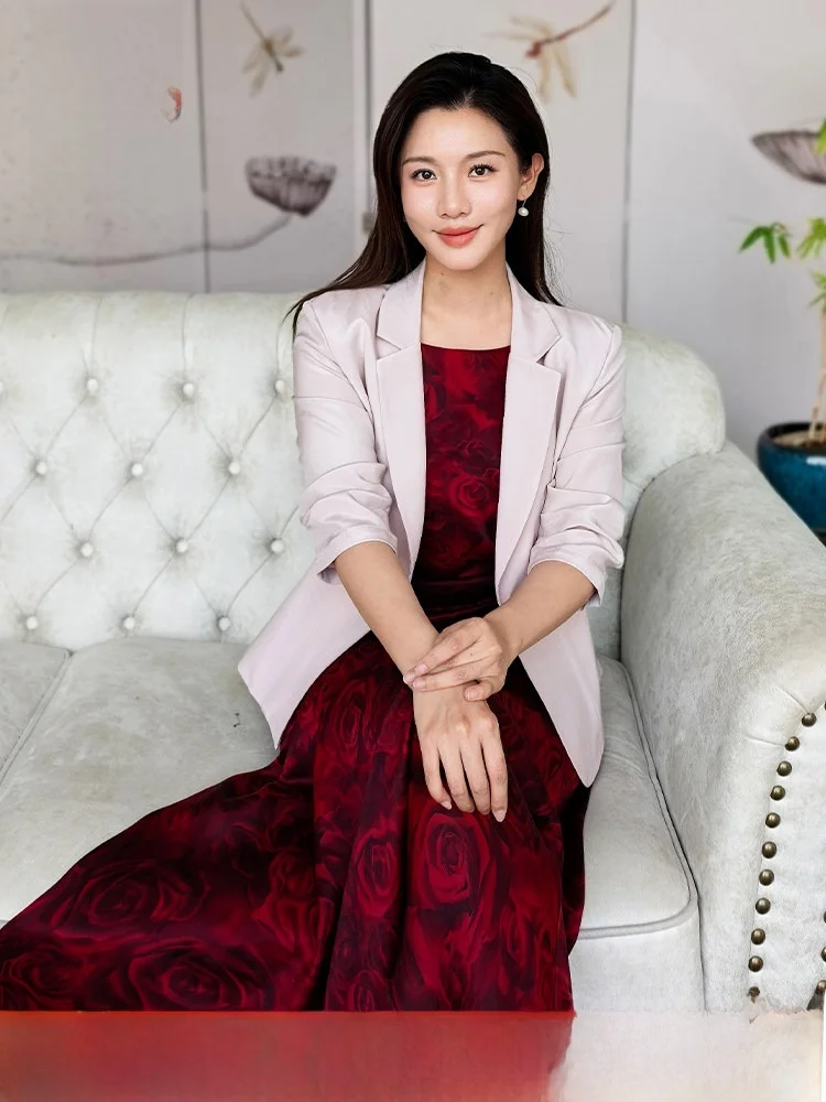 

Женский костюм из легкого шелкового атласа Ele: дышащий пиджак прямого кроя с длинными рукавами, однотонный, для повседневной носки и офиса