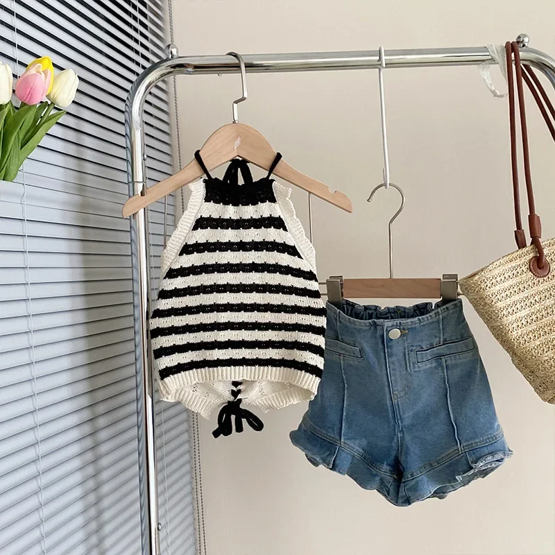 

Spring Summer Vest Jeans Denim Shorts Girls Retro Striped Knit Strap Tops Toddler Girls Clothes Knitted Sleeveless Shirts 2025