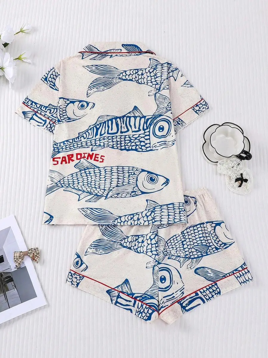 

Women 2pcs Fish Print Pajama Set Short Sleeve Button Top Elastic Waist Shorts Soft Cotton Sleepwear