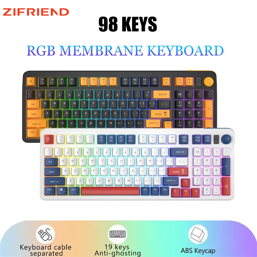 

ZIFRIEND New BM98 Wired Membrane Keyboard Typing Mute 98 keys with Knobs Rainbow RGB Backlit ABS keycaps for Home Game/Office