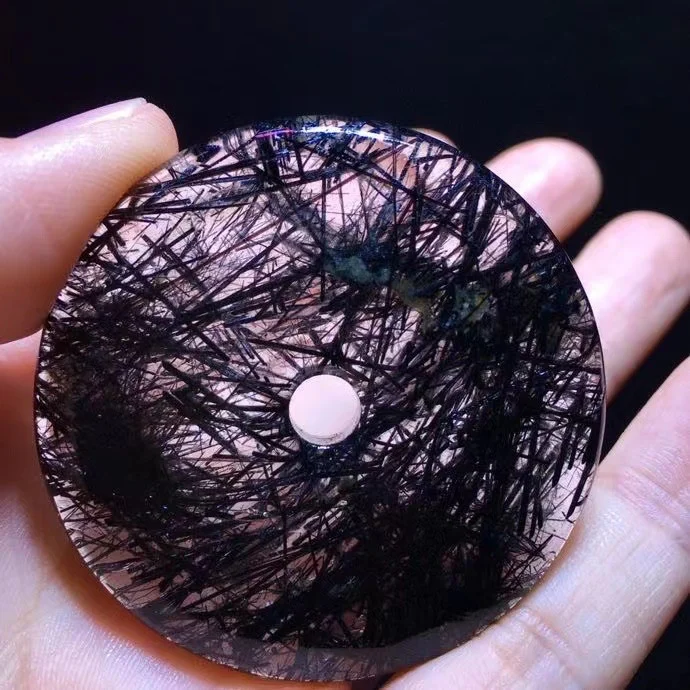 

100% натуральный черный рутилированный кварц, круглый кулон в виде пончика, 49,5/49,5 мм, круглый толстый рутилированный кварц, ювелирные изделия для женщин и мужчин AAAAAAA