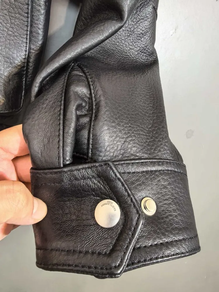 Punk Frauen Vintage Echtem Leder Jacke Revers Streetwear Motorrad Kurzen Mantel Lose Fit Hohe Qualität Echt Schaffell Oberbekleidung