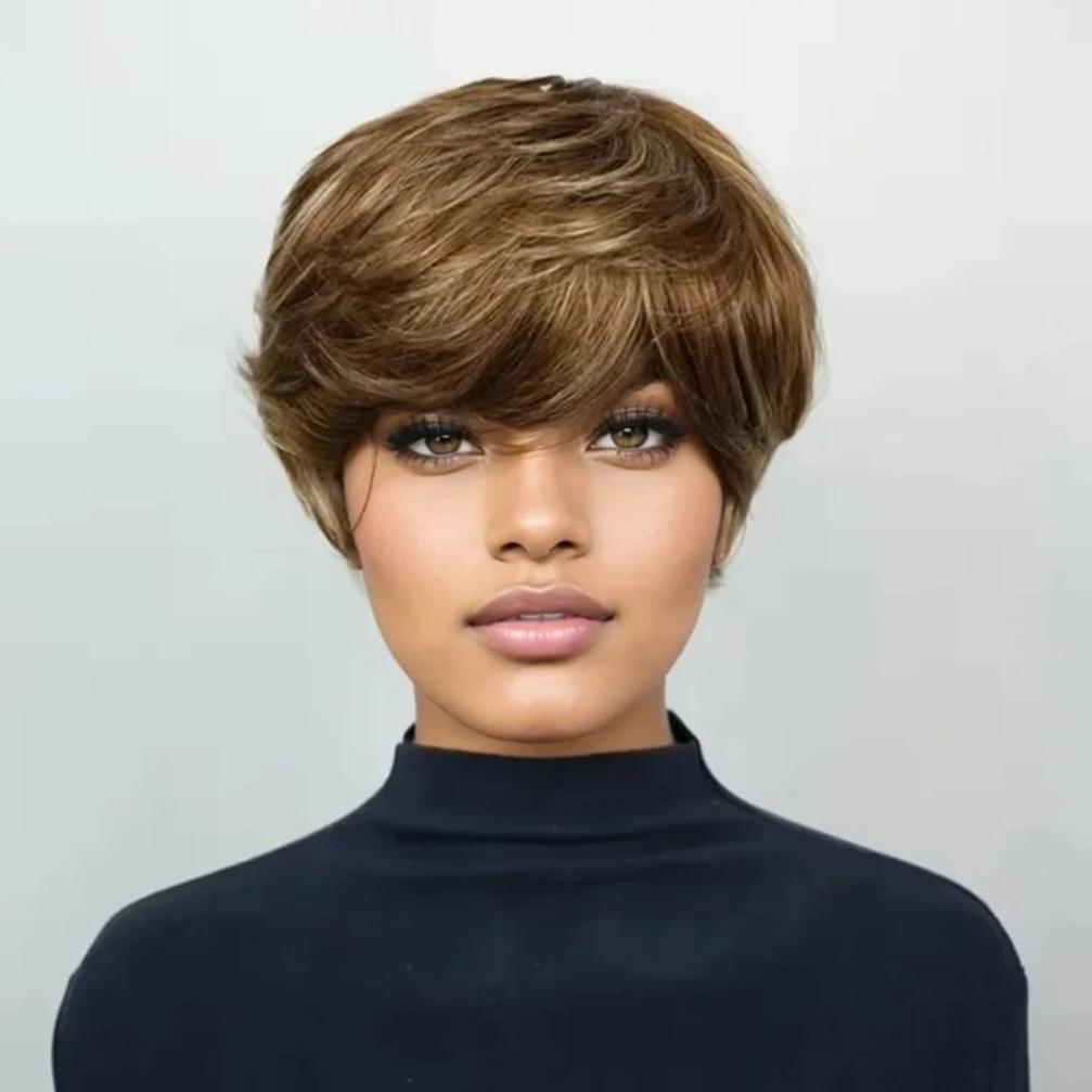 Wig Rambut Manusia Potongan Pixie Pendek Rambut Manusia Lurus Wig Rambut Manusia untuk Wanita Wig Buatan Mesin Penuh