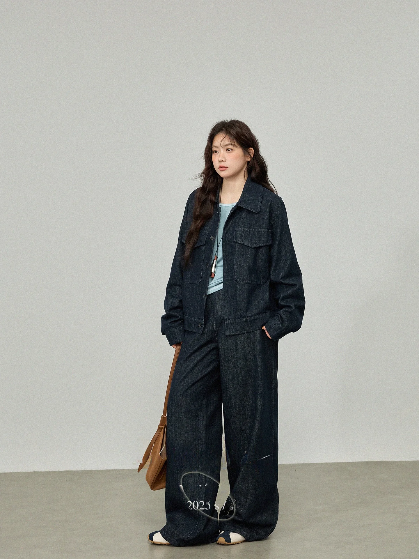 

Джинсовый повседневный комплект больших размеров в стиле ретро с высокой талией, широкие брюки с эффектом похудения, удобная хлопковая осенняя модная верхняя одежда