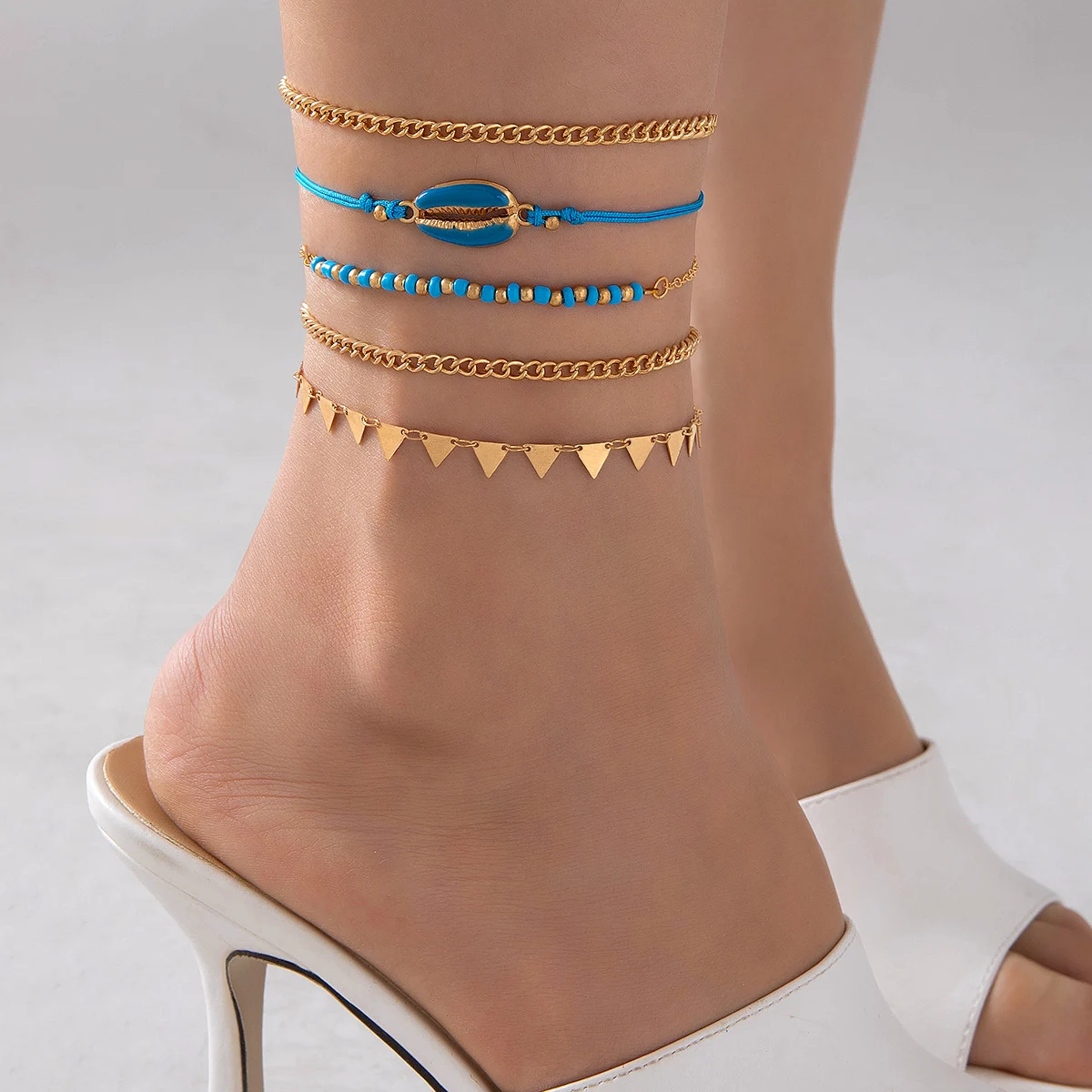 Tocona Bohemia Gold Colour Triangle Anklet Set for Women Girl Shell Blue String Geometric Multilayer Foot Chain Jewelry 25008