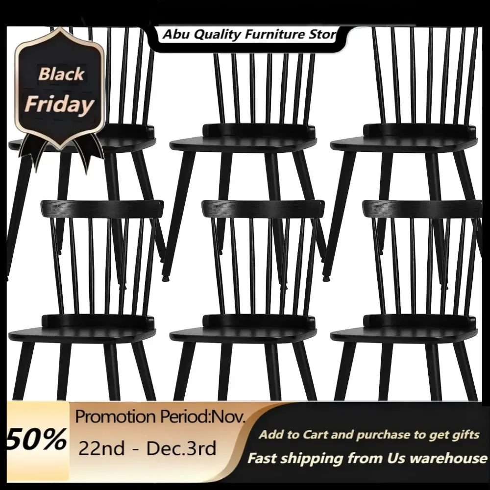 Restaurant Chairs,Windsor Dining Chair Set of 6 Farmhouse Solid Wood Spindle Back Side Chair Mid-Century Modern Black