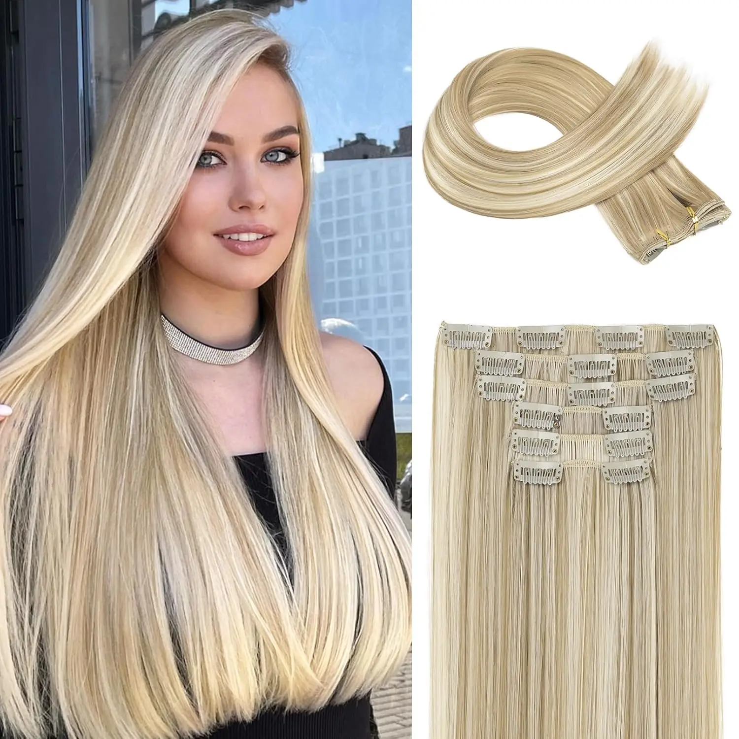 Extensiones de Cabello sintético largo y liso para mujer, 6 piezas, 16Clips, postizos marrones y rubios con Clips