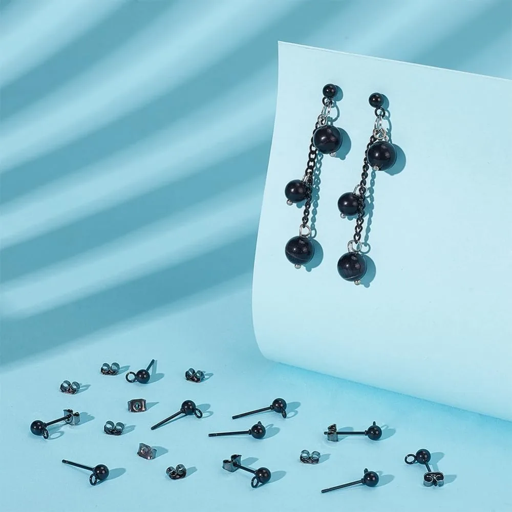 30Pcs Stainless Steel Stud Earring Findings Gunmetal Ball Post Stud Earrings with Ear Nuts and Loop Earring Findings Earrings