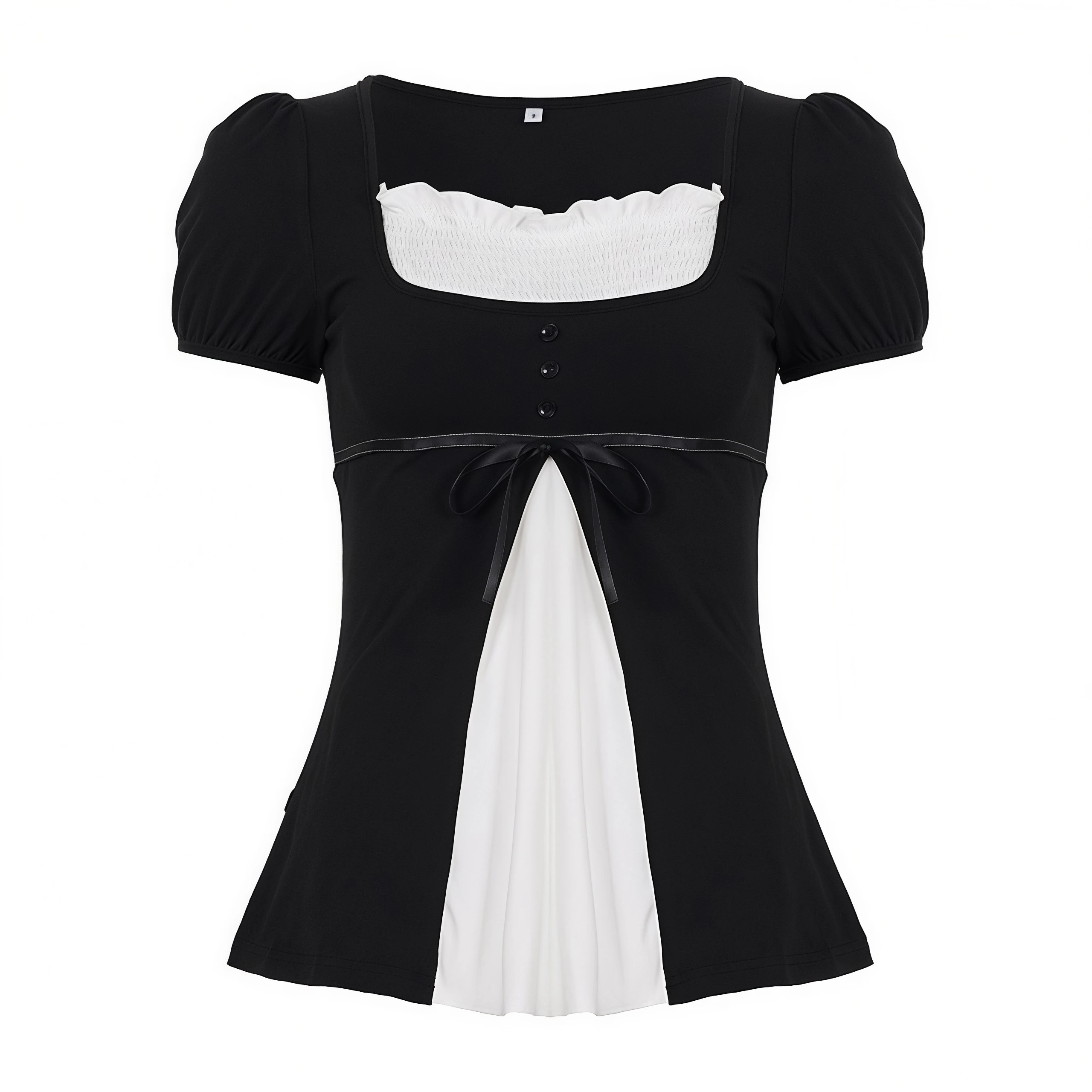 Ästhetisches, süßes Damen-Top im Zweiteiler-Look mit quadratischem Ausschnitt, Puffärmeln, vorderer Schleife und schmalem, ausgestelltem Saum, lässiges Sommer-Top. – Detail 5