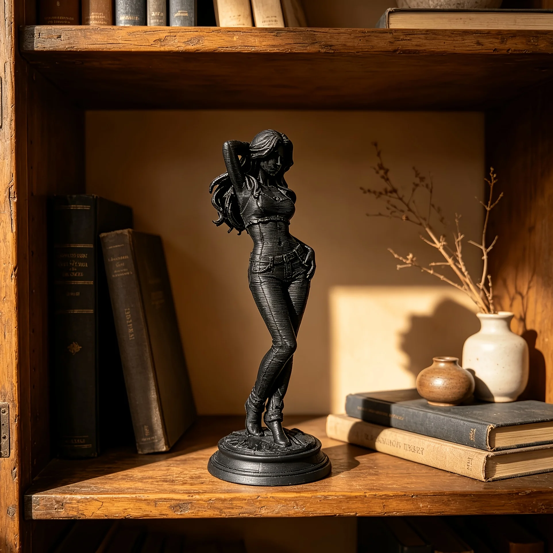 Curly Hair Lady Figurine 3D Print Sculpture Stylish Girl in Denim Pants Statue Ornament Tabletop Art Decoration Collectible Gift