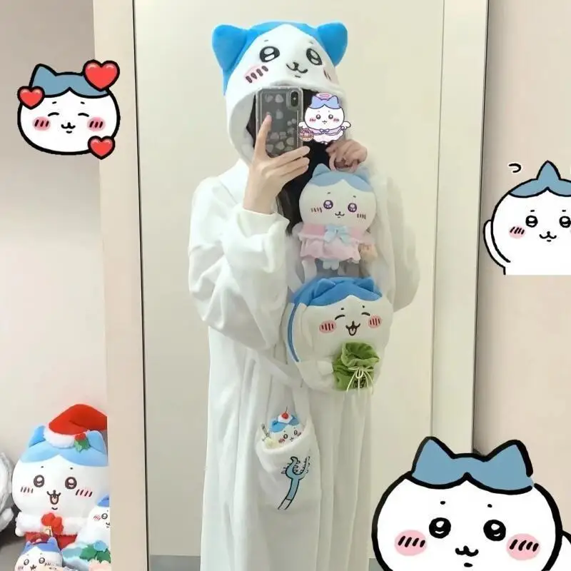 

Kawaii Chiikawa коралловые бархатные пижамы с капюшоном женские зимние утепленные халаты аниме Hachiware Usagi повседневная домашняя одежда теплый милый подарок
