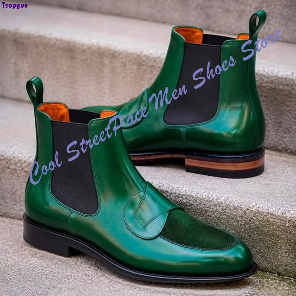 Men Green Color Chelsea Boots Slip On Monk Strap Ankle Boots Polished Leather Suede Spliced Vintage Business Gentleman Footwear