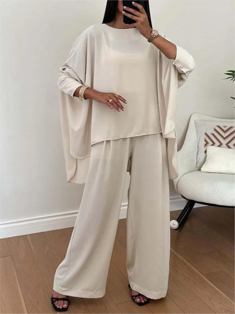 Elegant Women 2Pcs Solid Color Round Neck And Bat Sleeve Loose Blouses Tops Casual Wide Leg Trousers Suit Office Two Piece Sets