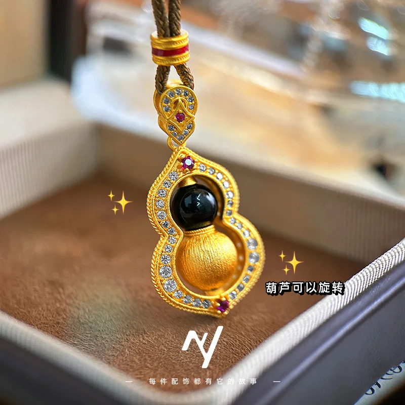 Point diamond rotating obsidian drawing calabash pendant for female 9999gold