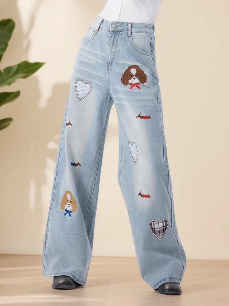 

Retro Loose Wide Leg Pants Women's Cartoon Embroidery Fun Slimming Jeans Casual High Waist Blue Denim Spring New Arrival