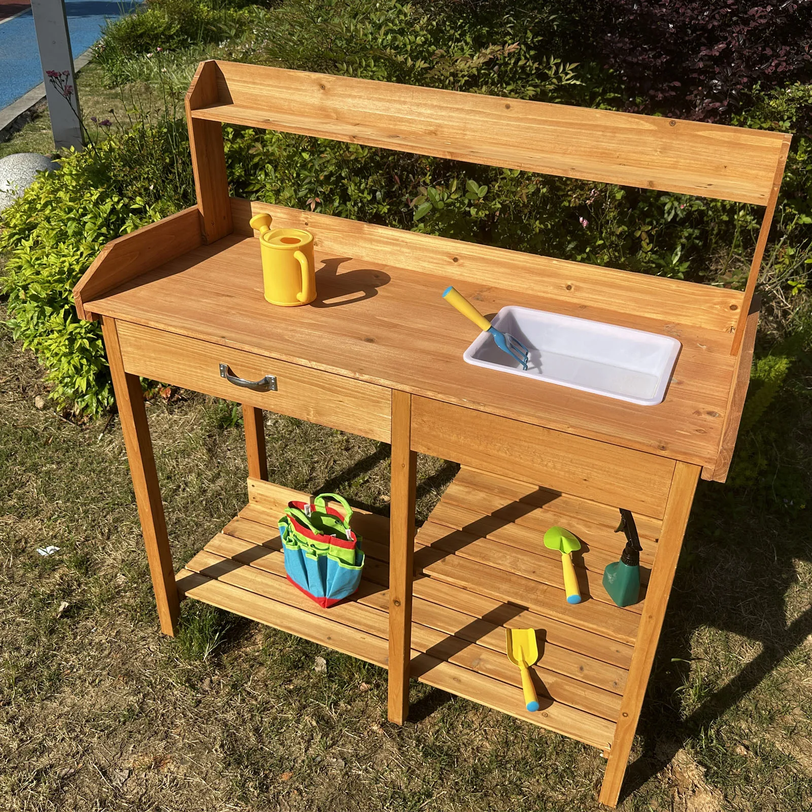Wooden Potting Bench Outdoor Garden Work Table Station Planting Construction for Horticulture W/Sink Drawer Rack Shelves