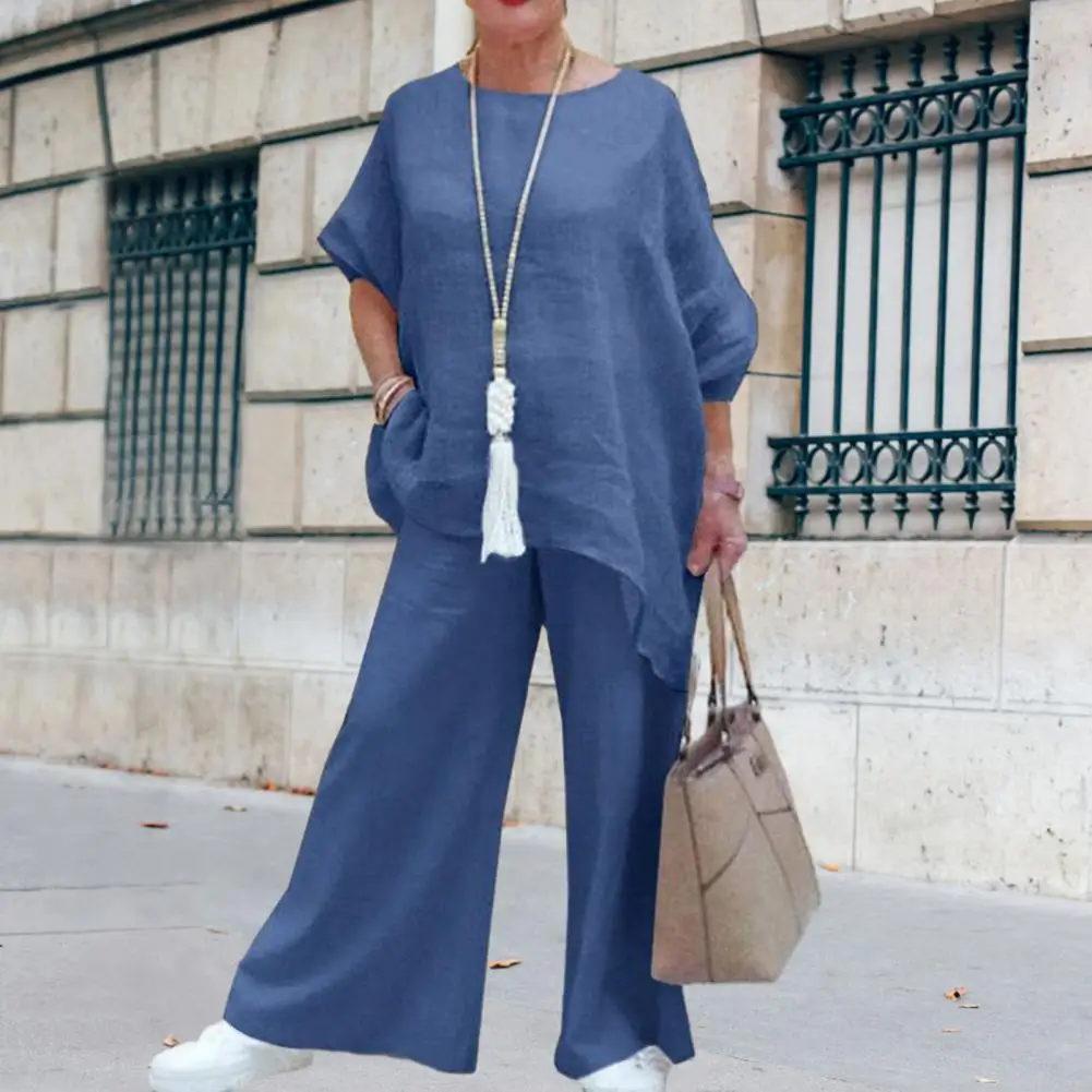 

2Pcs/Set Summer Long Sleeve T-shirt High Waist Wide Leg Long Pants Irregular Hem Pockets Office Lady Outfit