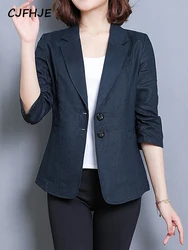 CJFHJE Notched Collar White Blazer Women Black Linen Suit Jacket Slim Thin Summer Pockets Two Buttons Green Office Lady Blazers