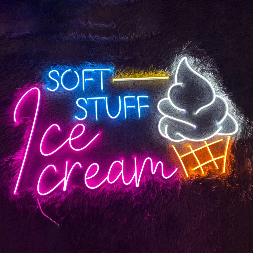 Soft Stuff Ice Cream Neon Sign Ice Cream Cone Neon Light Sweet Ice Cream Shop Wall Decor Home Restaurant Decoration Neon Signs