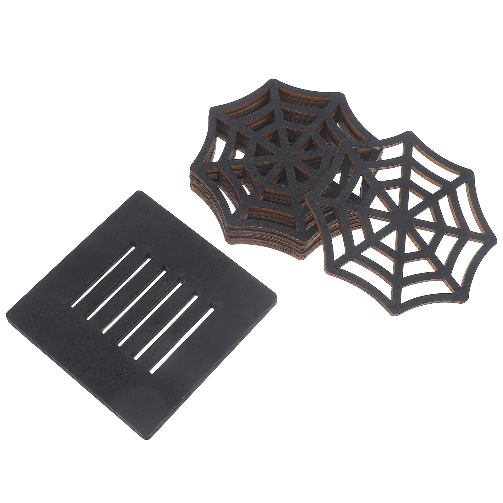 

1Set Wooden Spider Web Coasters Halloween Themed Insulated Drink Coasters for Home Office Bar Table Decoration Set