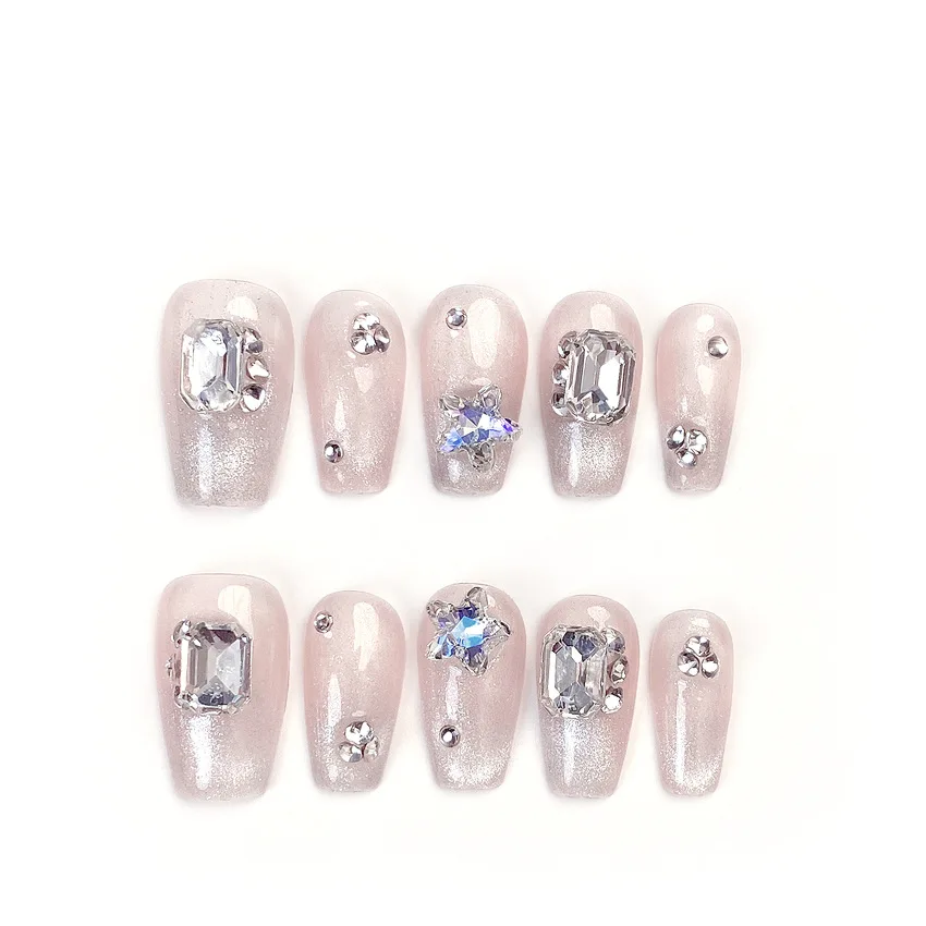 10Pcs Cat's Eye Press On Nail Handmade Nude Color Short T False Nails With Giltter Diamond Designs Full Cover Reusable Manicure
