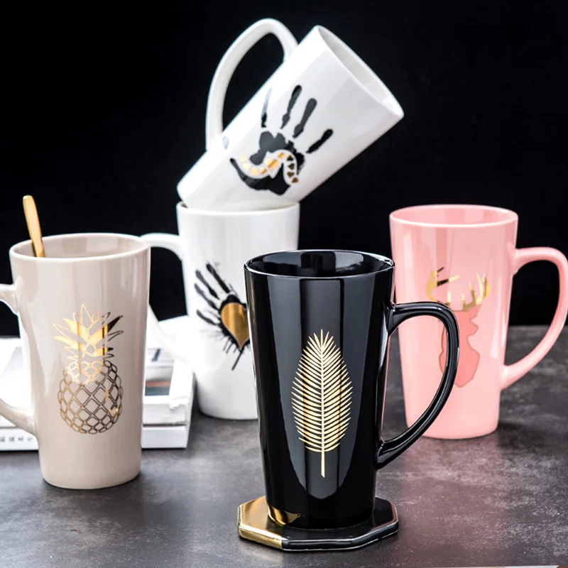 

Custom Printed Logo Nordic Ceramic Mug with Lid Spoon Creative Simple Coffee Cup Practical