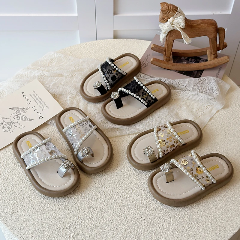 

Летние детские тапочки для девочек, с бисером и кружевом, дышащие, нескользящие, мягкие, для малышей, шлепанцы, уличные тапочки