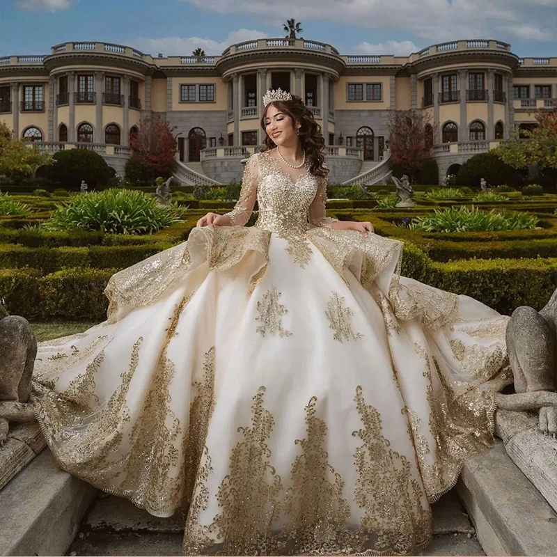 Золотое платье Quinceanera с пышной тюлевой аппликацией и длинными рукавами, Vestidos De, элегантное пышное вечернее бальное платье принцессы на день рождения