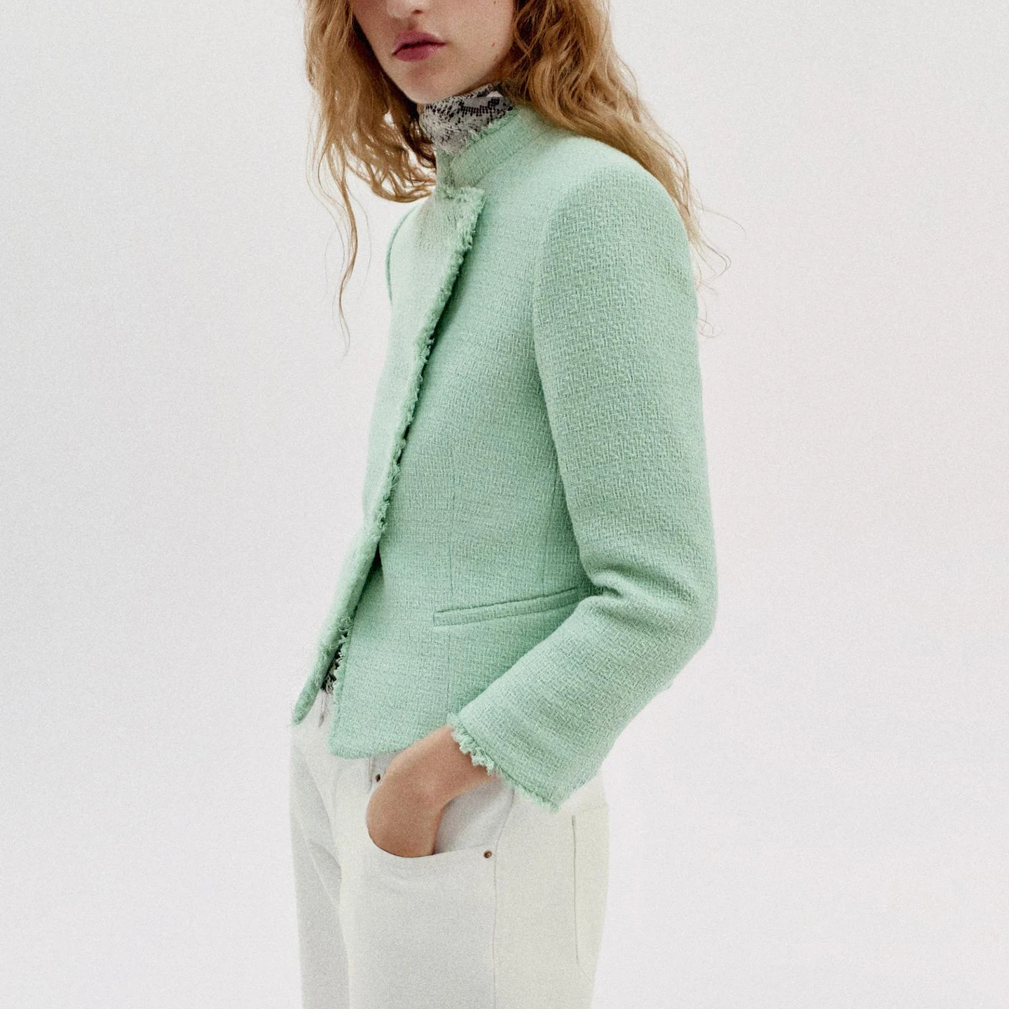Fashionable Long Sleeve Stand Collar Women's Suit Jacket Autumn 2026 Frayed Construction Standard Fit ZADATA Ladies Coat