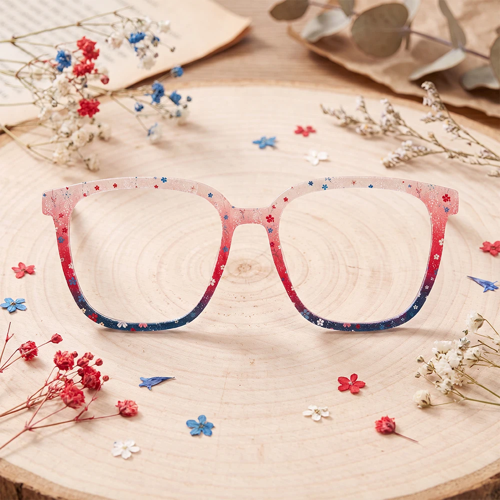 Vintage Fashion Prints - Vintage Çiçek Baskı Kare Gözlük Çerçeveleri