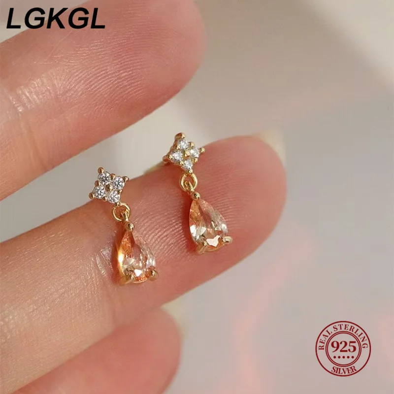 

LGKGL S925 Sterling Silver Plated Gold Earrings for Women Light Orange Waterdrop Zircon Simple Elegant INS Style Ear Jewelry
