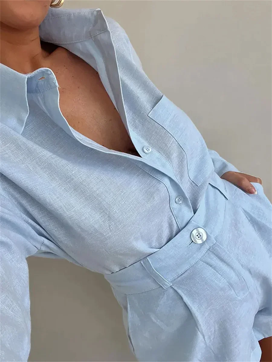 2024 Long-sleeved Shirt Loose Cotton Linen Shirt High-waisted Shorts Summer Suit