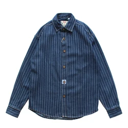 Heavyweight Washed Denim Shirts for Men Autumn Fall Vertical Striped American Vintage Casual Loose Long Sleeve Tough Male Coats