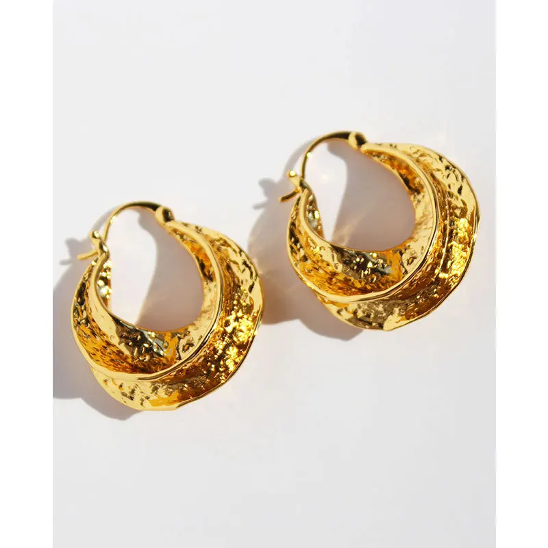 

Personality Affordable Luxury French Celi Style Retro Handmade Beating Pattern Hoop Earrings Concave-Convex Texture Mid-Ancient