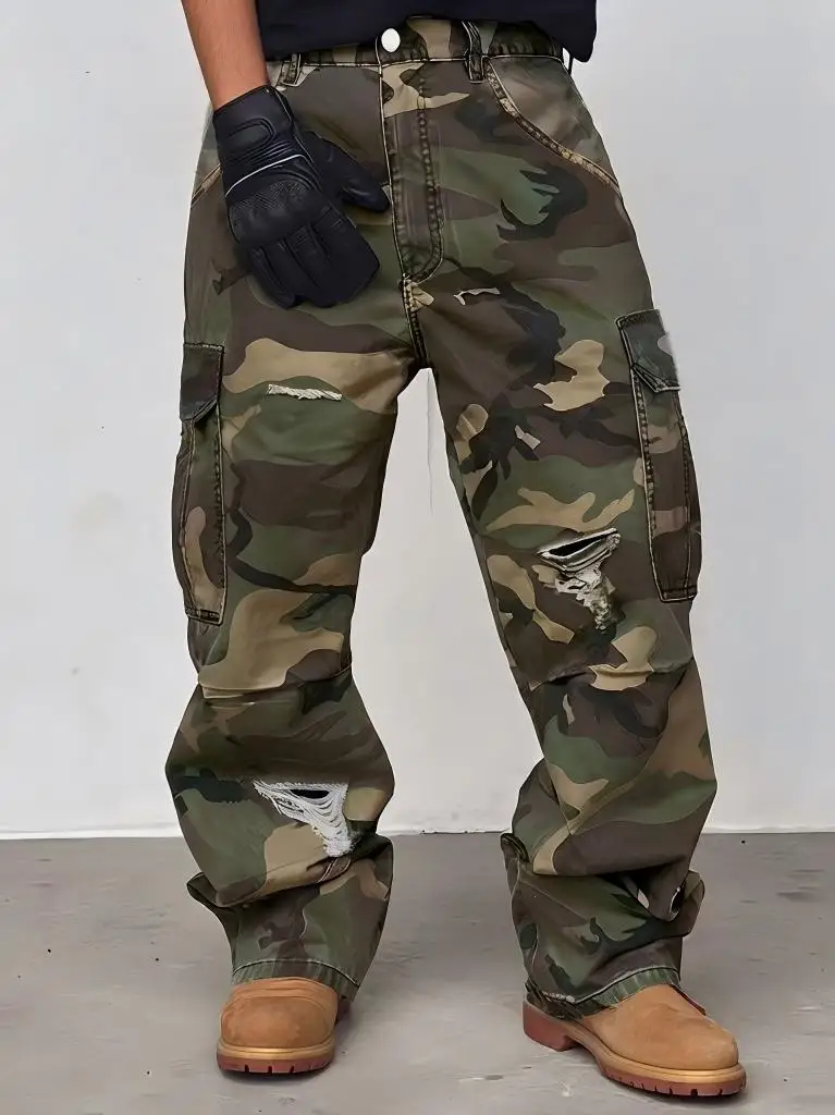 【HME】Men's jeans | Men Wide Flare Denim Pants, Functional Cargo Multi Pocket Denim Trousers, Classic Camo Print, Destroyed Ripped Craft, Sturdy Denim Fabric, Loose Fit, Male Street Fashion Denim Pants