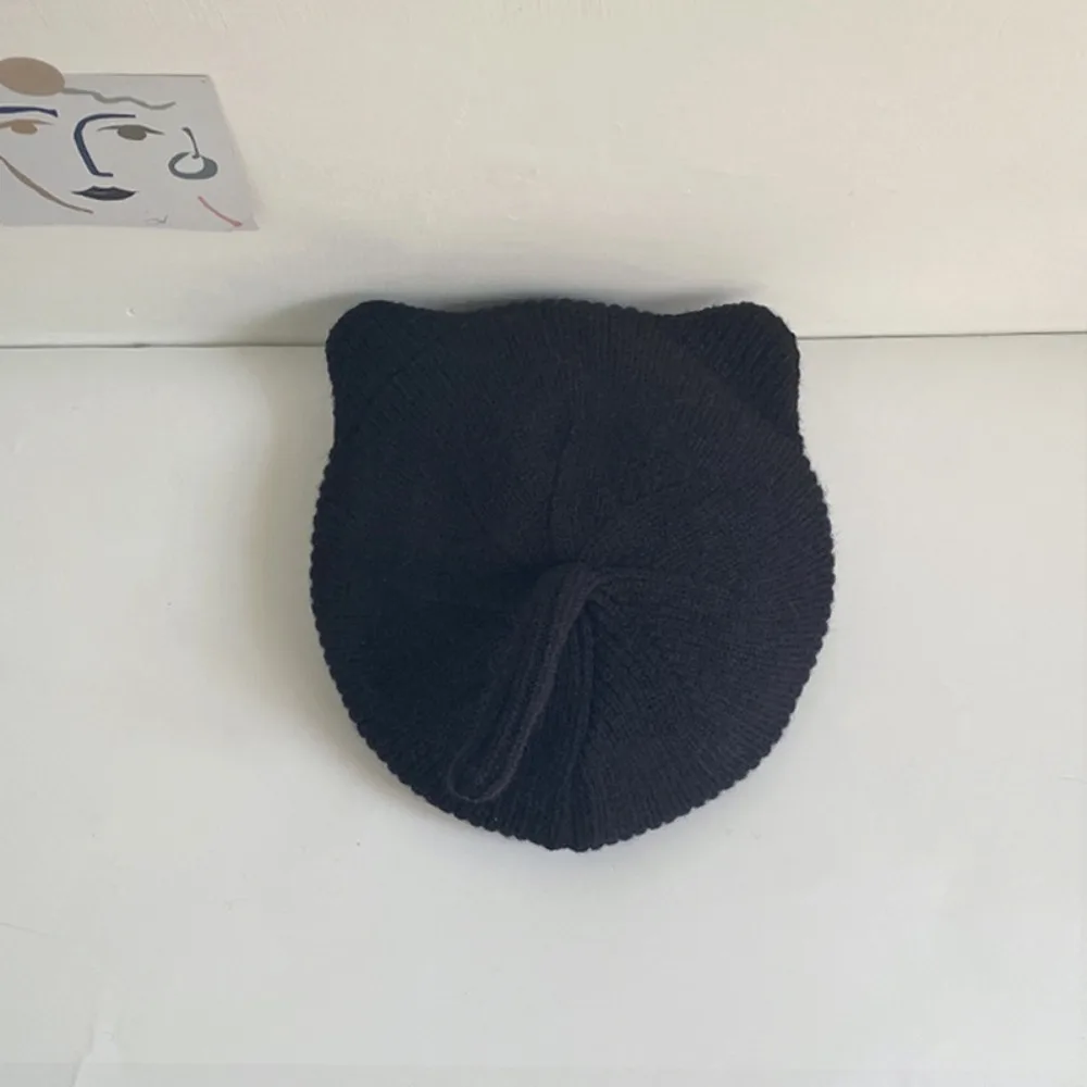 

Милая шерстяная шапка-бини с кошачьими ушками, однотонный берет, вязаная теплая шапка художника для детей