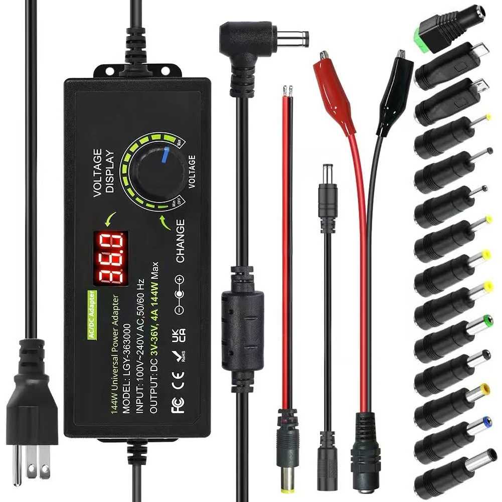3V to 36V 4A Adjustable ACDC Power Adapter with 14 Tips Reverse Polarity Converter LCD Voltage Display ABS Housing