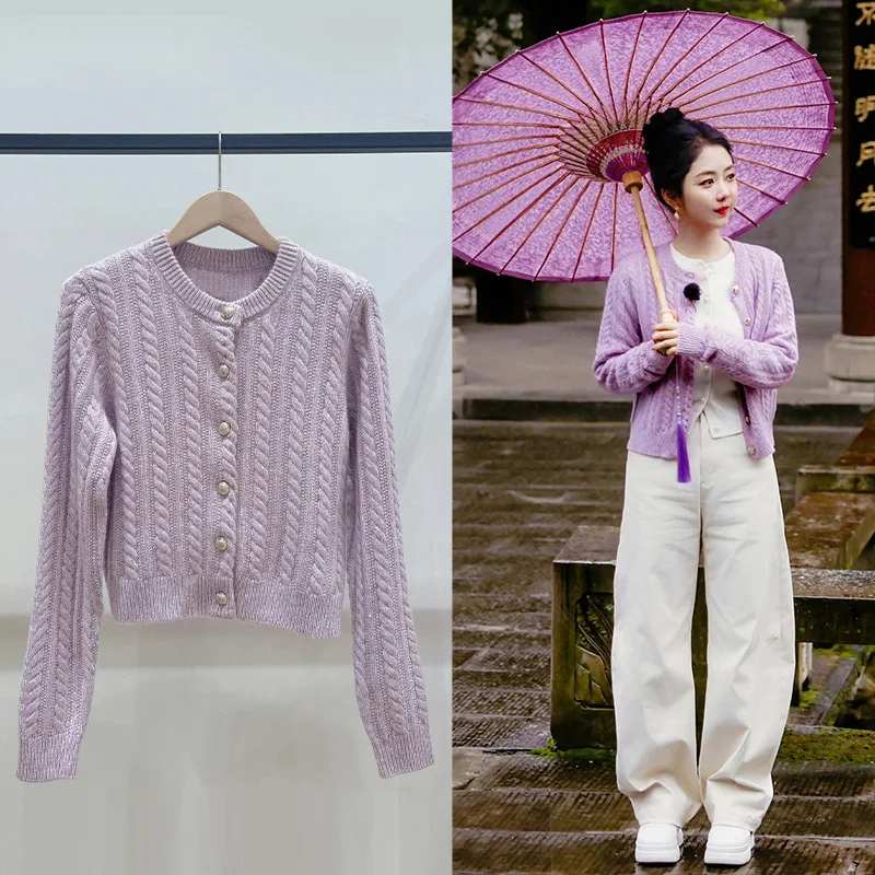 

【Gift Free】Autumn Winter Lavender Twist Knit Cardigan with Gold-Button Decoration Round Neck Sweater for Women