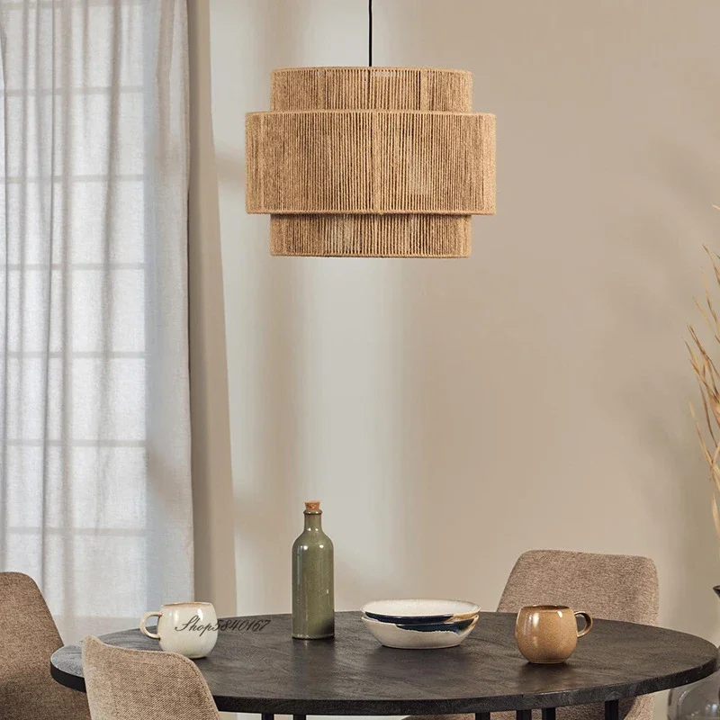 Estilo japonês rattan luzes pingente vintage criativo corda de cânhamo luz pingente para sala estar jantar restaurante lâmpada rattan