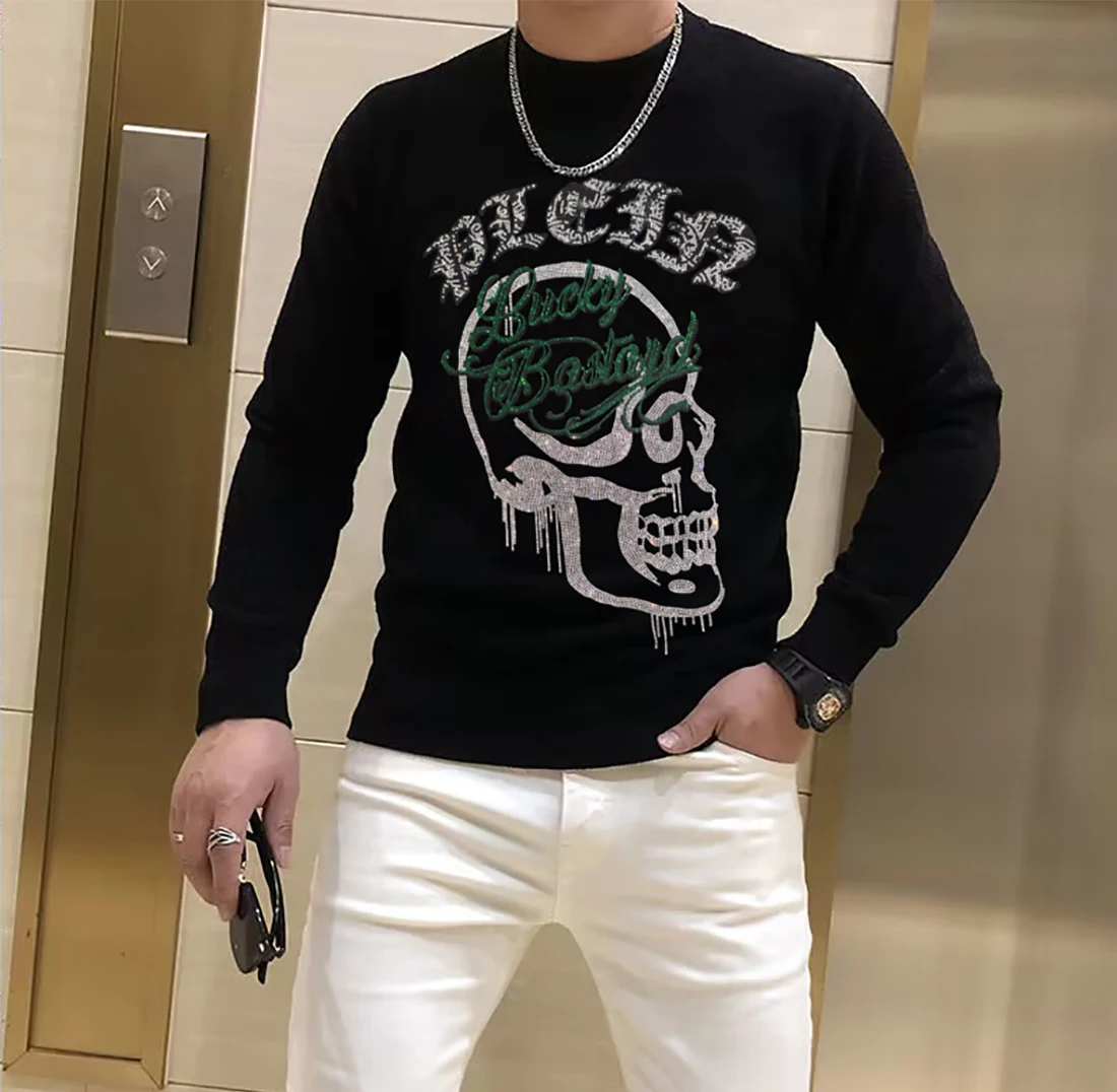 Men\'s Street Sweater Trendy Brand Rhinestone Skull Plein Pullover Tops Round Neck Plus Size Black Hip-Hop Streetwear Man Clothes