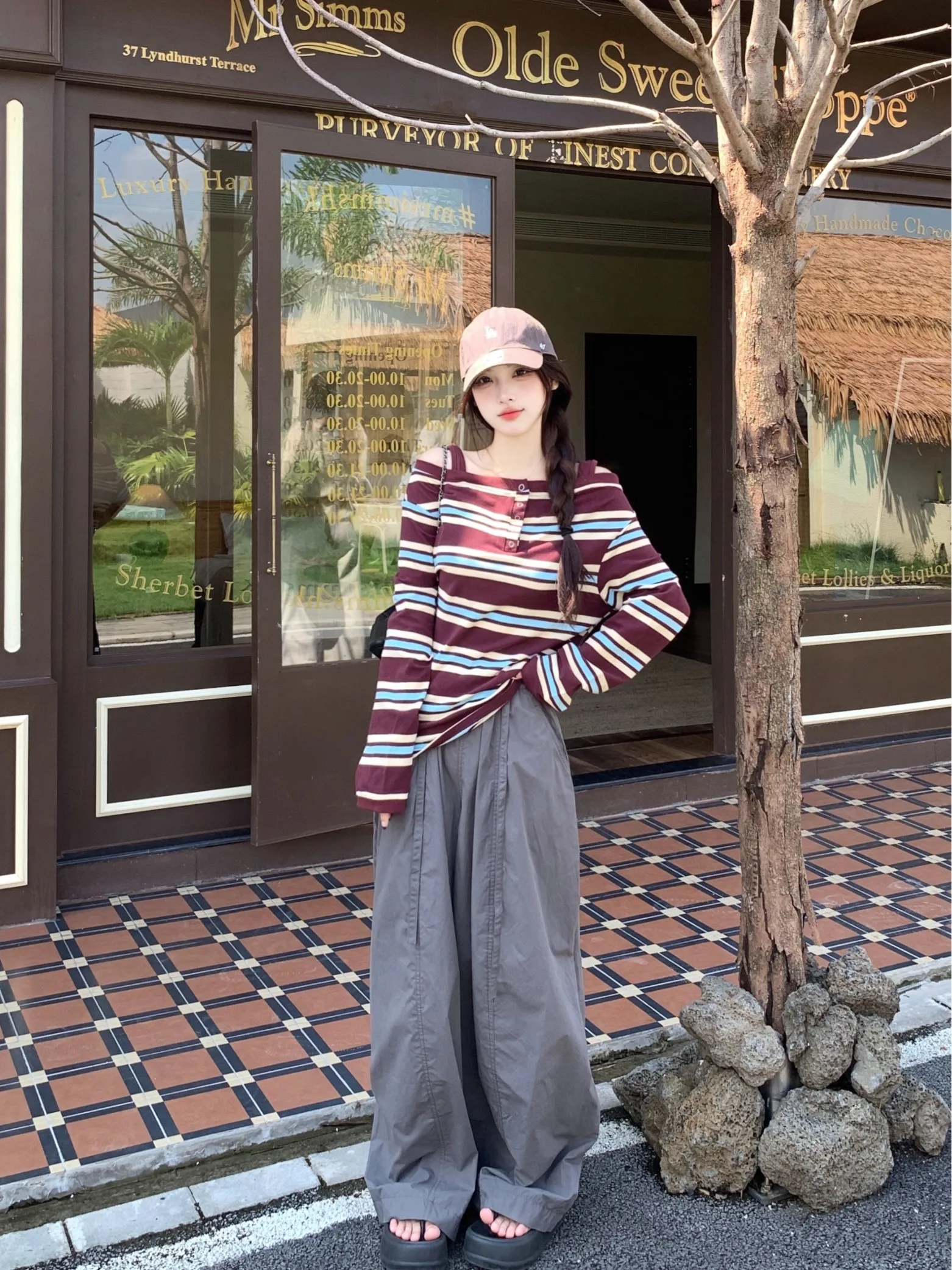 

plus Size Fashion Set Casual Wide Leg Pants Striped Long Sleeve Top One Shoulder Design Autumn New Style Korean Loose Fit Ens...