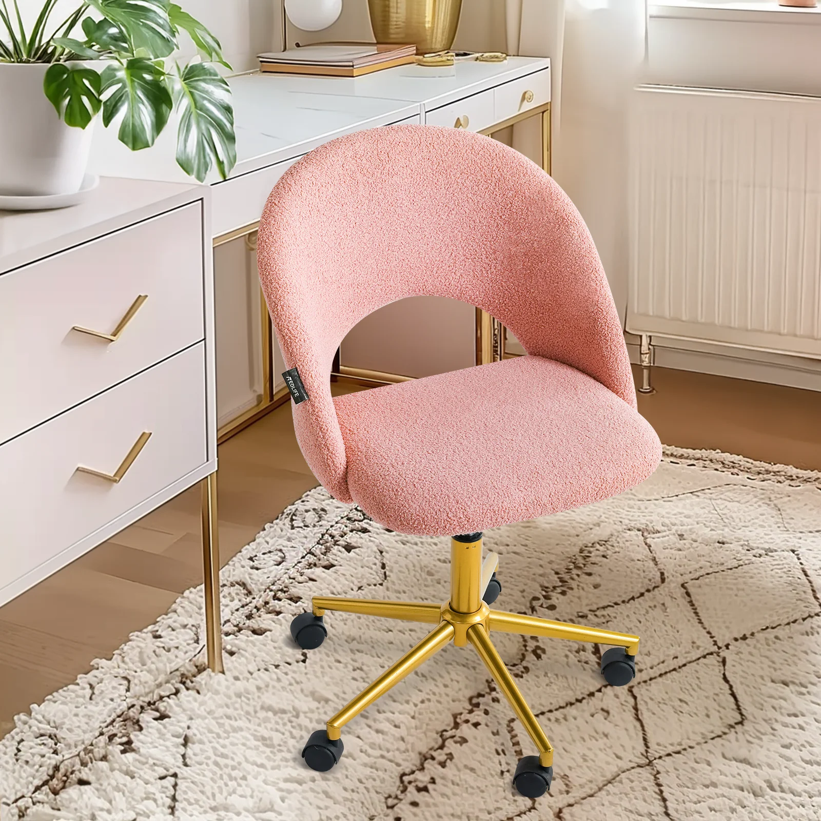 Redlife Velvet Desk Chair Vanity Chair with Gold Wheels Upholstered Adjustable Rolling Swivel Nail Stool for Living Room Bedroom